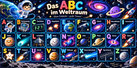 Das ABC im Weltraum – Alphabet-Plakat mit Astronauten, Planeten und Raketen, 25 × 50 cm im Querformat